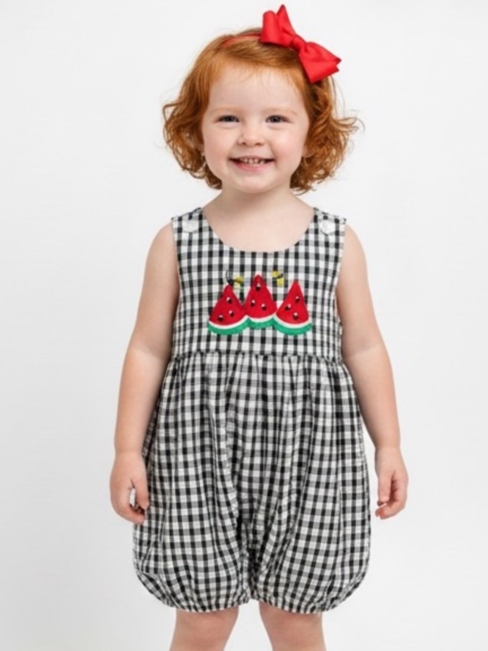 VTG 1990s Seersucker Gingham Watermelon and Bumblebees Appliqué Romper
